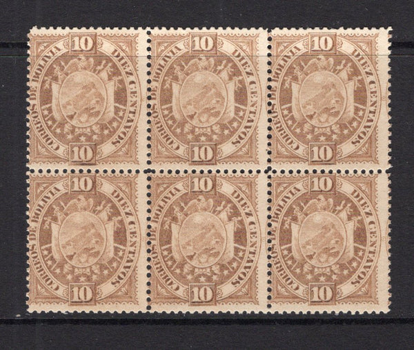 BOLIVIA - 1894 - ARMS ISSUE: 10c bistre brown on thick paper ARMS issue 'Etudes & Chassepot, Paris' printing a fine mint block of six. Scarce & underrated issue. (SG 73)  (BOL/1491)