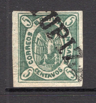 BOLIVIA - 1867 - CONDOR ISSUE: 5c bronze green 'Condor' issue, a very fine four margin copy from the original plate, postally used with TUPIZA straight line cancellation. Scarce. (SG 1c)  (BOL/18946)