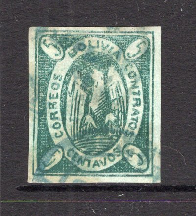 BOLIVIA - 1867 - CONDOR ISSUE: 5c blue green 'Condor' issue 'Re-engraved' type, a fine postally used four margin copy with blue cds cancels. (SG 3)  (BOL/18948)