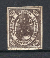 BOLIVIA - 1867 - CONDOR ISSUE: 10c black brown 'Condor' issue a super looking copy four margins lightly used with manuscript cancel. Small thin on reverse. Rare stamp. (SG 7b)  (BOL/1930)