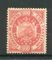 BOLIVIA - 1894 - ARMS ISSUE: 100c rose red on thin paper ARMS issue 'Bradbury Wilkinson London' printing, a fine mint copy. Underrated issue. (SG 69)  (BOL/1937)