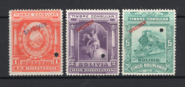 BOLIVIA - 1906 - REVENUES: 1b vermilion 'Arms' type, 2b purple 'Hermes' type and 5b blue green 'Train' type CONSULAR REVENUE issue all with red 'SPECIMEN' overprint and small hole punch. Very attractive. (Akerman JA1S/JA3S)  (BOL/23243)