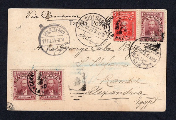 BOLIVIA - 1909 - DESTINATION: Colour PPC 'Vista general de La Paz con el Ilimani' franked on message side with 1901 3 x 1c claret and 5c vermilion (SG 100 & 102a) tied by LA PAZ cds's. Addressed to SAN STEFANO, EGYPT with SIDI GABER, ALESSANDRIA and SAN STEFANO transit and arrival marks all on front.  (BOL/23410)
