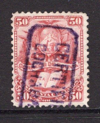 BOLIVIA - 1878 - CANCELLATION: 50c carmine 'Book of Law' issue, a fine used copy with part strike of boxed CERTIFICACION COCHABAMBA cancel in purple. (SG 45)  (BOL/23750)