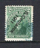 BOLIVIA - 1911 - VARIETY: 5c on 2c green 'Camacho' issue with variety OVERPRINT INVERTED a fine used copy with light blue cancel. (SG 127a)  (BOL/2408)
