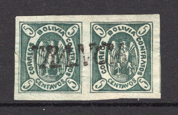 BOLIVIA - 1867 - CONDOR ISSUE: 5c myrtle green 'Condor' issue, a very fine four margin pair from the original plate, used with single strike of straight line FRANCA cancellation across the pair. (SG 1d)  (BOL/2487)