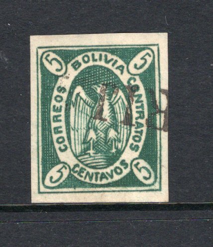 BOLIVIA - 1867 - CONDOR ISSUE: 5c myrtle green 'Condor' issue 'Re-engraved' type, a fine postally used four margin copy with part straight line cancel. (SG 3a)  (BOL/2496)