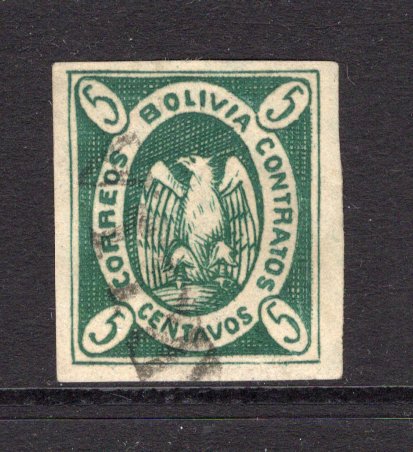 BOLIVIA - 1867 - CONDOR ISSUE: 5c deep green 'Condor' issue, a very fine four margin copy from the original plate, postally used with light straight line TARIJA cancel. (SG 1b)  (BOL/2504)