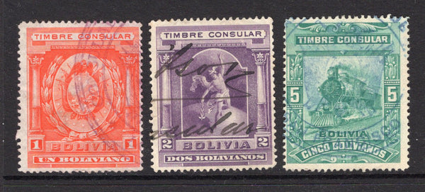 BOLIVIA - 1906 - REVENUES: 1b vermilion 'Arms' type, 2b purple 'Hermes' type and 5b blue green 'Train' type CONSULAR REVENUE issue, the set of three fine used. The 5b has a BOLIVIAN CONSULATE SAN FRANCISCO cancel in blue. Very attractive. (Akerman JA1/JA3)  (BOL/25281)