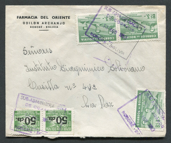 BOLIVIA - 1953 - CANCELLATION: Cover franked with 1953 3 x 3bs green and pair 1953 50c on 20c green (SG 582 & 593) tied by multiple strikes of boxed SUB-ADMINISTRACION DE CORREOS ROBORE BOLIVIA cancel in purple. Addressed to LA PAZ with arrival cds on reverse.  (BOL/26500)