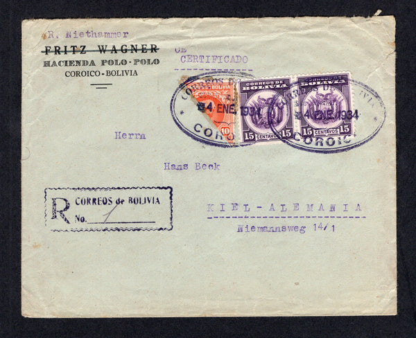 BOLIVIA - 1934 - CANCELLATION & BISECT: Registered cover franked with 1930 10c vermilion diagonally BISECTED plus pair 1933 15c purple (SG 255 & 281) all tied by two strikes of oval CORREOS DE BOLIVIA COROICO cancel in deep purple with handstruck registration marking alongside. Addressed to GERMANY with transit & arrival marks on reverse.  (BOL/26505)