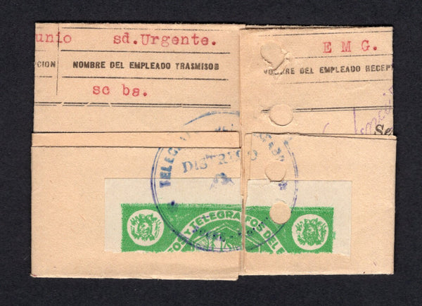 BOLIVIA - 1934 - TELEGRAPH FORM: Headed 'Republica de Bolivia Telegrafo del Estado' folded telegraph form to SUCRE with bisected green 'Map' type telegraph seal tied by blue TELEGRAFOS DEL ESTADO DISTRITO A SUCRE cachet (torn in half where form was opened). With additional strike of the cachet inside.  (BOL/26506)