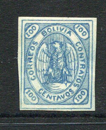 BOLIVIA - 1867 - CONDOR ISSUE: 100c blue 'Condor' issue a very fine four margin copy unused without gum. (SG 9)  (BOL/27977)