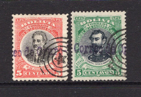 BOLIVIA - 1909 - CANCELLATION: 5c black & red and 5c black & green both used with 'Star' in concentric circles cancel and also with part strikes of straight line 'Correo de Oruro' cancel in blackish purple. (SG 117 & 123)  (BOL/27991)