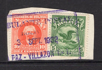 BOLIVIA - 1932 - TRAVELLING POST OFFICES & CANCELLATION: 5c green and 10c vermilion tied on small piece by good strike of large boxed AMBULANTE POSTAL BOLIVIA LA PAZ - VILLAZON marking in purple dated 3 DEP 1932. (SG 221 & 255)  (BOL/28001)