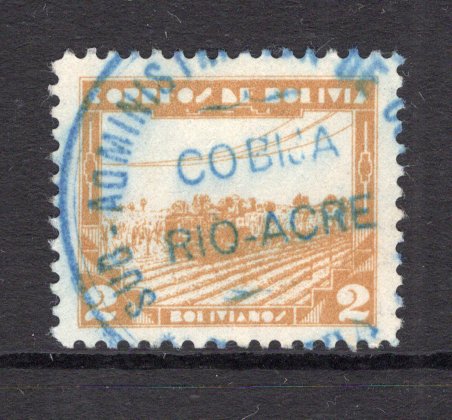 BOLIVIA - 1938 - CANCELLATION: 2b buff used with good part strike of undated circular SUB-ADMINISTRACION DE CORREOS COBIJA RIO-ACRE cancel in blue. Scarce. (SG 336)  (BOL/28005)