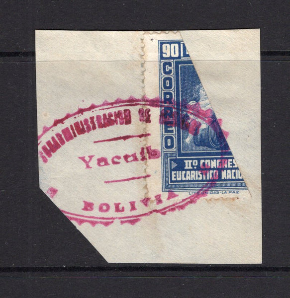 BOLIVIA - 1939 - CANCELLATION & BISECT: 90c blue diagonally BISECTED and tied on piece by fine strike of undated SUBADMINISTRACION DE CORREOS YACUIBA BOLIVIA sawtooth oval cancel in red. (SG 369)  (BOL/28006)
