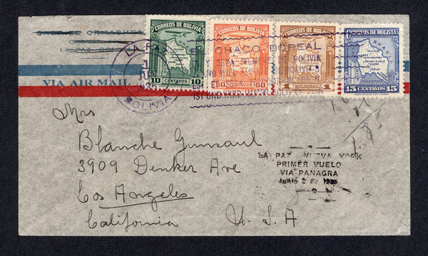 BOLIVIA - 1935 - FIRST FLIGHT: Airmail cover franked with 1935 15c ultramarine, 10c deep green, 50c orange and 1b yellow brown (SG 289, 299 & 302/303) tied by LA PAZ 'Chaco Boreal' machine cancel dated 1 JUN 1935. Flown on the Panagra First Flight to New York on the 2nd June with 'LA PAZ - NUEVA YORK PRIMER VUELO VIA PANAGRA JUNIO 2 DE 1935' cachet in black on front. Scarce & unlisted in Muller.  (BOL/28053)