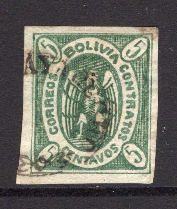 BOLIVIA - 1867 - CONDOR ISSUE: 5c bronze green 'Condor' issue, a very fine four margin copy from the original plate, postally used with part strike of oval PAZ DE AYACUCHO cancellation. Scarce. (SG 1c)  (BOL/29000)