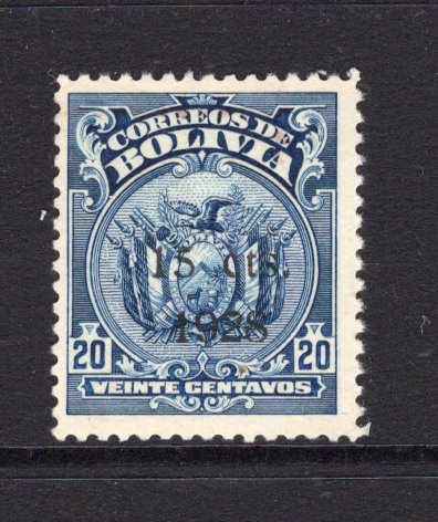 BOLIVIA - 1928 - SURCHARGES: 15c on 20c deep blue 'Waterlow' printing, perf 12 with variety OVERPRINT IN BLACK. A fine unused copy without gum. A scarce stamp. (SG 212b)  (BOL/29035)