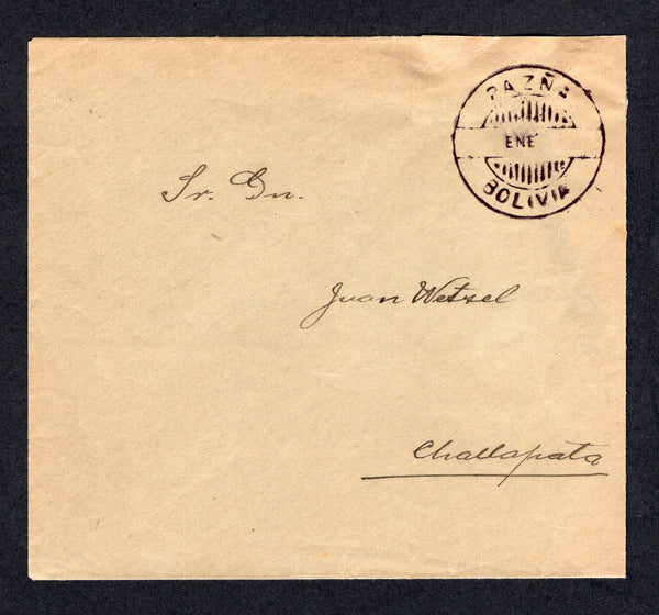 BOLIVIA - 1913 - CANCELLATION & STAMP SHORTAGE: Circa 1913. Stampless undated cover with good strike of large PAZNA BOLIVIA cds with just 'ENE' to indicate the date at centre. Addressed to CHALLAPATA. Cover slightly trimmed & folded at right.  (BOL/31497)