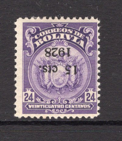BOLIVIA - 1928 - SURCHARGES: 15c on 24c bright violet 'ABNCo.' printing with variety OVERPRINT INVERTED, a fine mint copy. (SG 213a)  (BOL/35551)