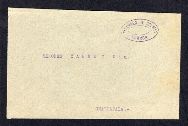 BOLIVIA - 1910 - CANCELLATION & STAMP SHORTAGE: Circa 1910. Stampless cover front with fine strike of oval CORREO DE OCURI FRANCA cancel in purple. Addressed to CHALLAPATA.  (BOL/35639)