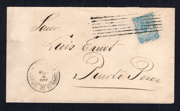 BOLIVIA - 1893 - LITHO ISSUE: Cover franked with 1893 5c pale blue 'Litho' issue (SG 59) tied by 'Lines' cancel in black with light strike of LA PAZ cds dated AUG 7 1893 alongside. Addressed to PUERTO PEREZ. Very fine.  (BOL/36319)