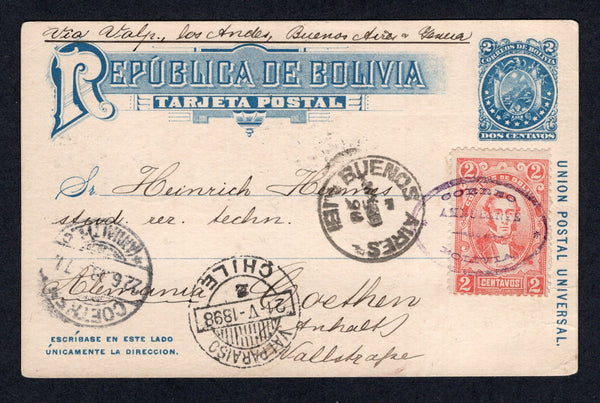 BOLIVIA - 1898 - TRAVELLING POST OFFICES: 2c blue postal stationery card (H&G 2) datelined 'Oruro 11 Mai 1898' used with added 1897 2c vermilion 'Portrait' issue (SG 78) tied by superb strike of undated oval 'CORREO AMBULANTE BOLIVIA' cancel in purple. Addressed to GERMANY with UYUNI and ANTOFAGASTA transit cds's on reverse and BUENOS AIRES, ARGENTINA & VALPARAISO, CHILE transit cds's on front along with German arrival cds. Very fine & rare.  (BOL/37069)