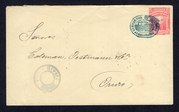 BOLIVIA - Circa 1901 - TRAVELLING POST OFFICES: 5c red on yellow postal stationery envelope (H&G B7) used with superb strike of oval 'CONDUCTOR DE CORREOS A BALLADARES' illustrated 'Train' cancel in black. Addressed to ORURO. Rare.  (BOL/37070)