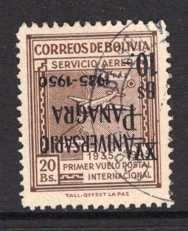 BOLIVIA - 1950 - VARIETY: 10b on 20b chocolate '15th Anniversary of Panagra' issue a fine cds used copy with variety OVERPRINT INVERTED. (SG 491a)  (BOL/37647)