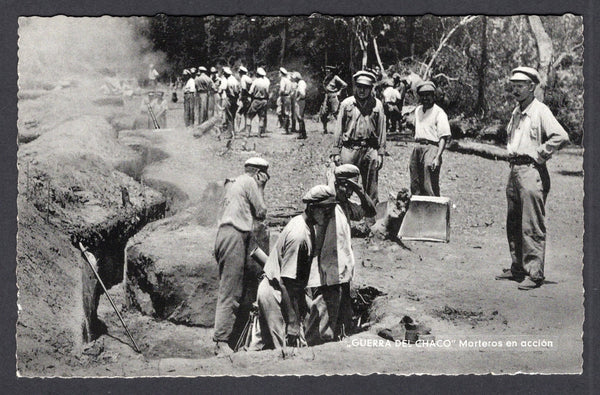BOLIVIA - 1933 - CHACO WAR: Real photographic black & white PPC of Soldiers digging graves inscribed 'GUERRA DEL CHACO Morteros en accion' on picture side and 'Editor y Fotografo LUIS BAZOBERRI G. Casilla 11 Cochabamba (Bolivia) Prohibida la reproduccion' on message side. Fine unused & very scarce.  (BOL/38944)