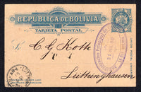 BOLIVIA - 1900 - POSTAL STATIONERY & ROUTING: 2c blue on buff postal stationery card (H&G 6) used with large oval ADMINISTRACION PRINCIPAL DE CORREOS LA PAZ cancel dated 31 DEC 1900. Addressed to GERMANY with LIMA PERU transit cds on reverse and German arrival cds on front.  (BOL/38949)
