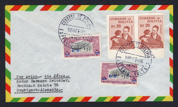 BOLIVIA - 1956 - VARIETY: Airmail cover franked with 2 x 1956 50b on 3b black & reddish purple and 1954 20b chestnut 'Third Inter-American Indigenous Congress' issue IMPERF PAIR (SG 621 & 598a) tied by LA PAZ EXPENDIO VALORES cds's dated 16 DEC 1956. Addressed to GERMANY. Scarce used on cover.  (BOL/39512)