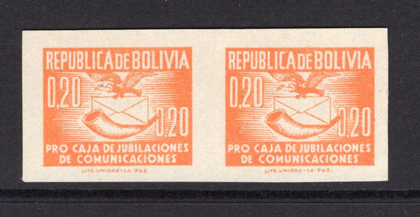 BOLIVIA - 1951 - VARIETY: 20c orange 'Pro Caja de Jubilaciones' TAX issue, a fine unmounted mint IMPERF PAIR. (SG 551a)  (BOL/39594)