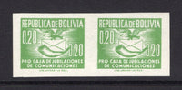 BOLIVIA - 1951 - VARIETY: 20c green 'Pro Caja de Jubilaciones' TAX issue, a fine unmounted mint IMPERF PAIR. (SG 551ba)  (BOL/39595)