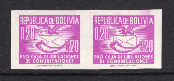 BOLIVIA - 1951 - UNISSUED & VARIETY: 20c bright mauve 'Pro Caja de Jubilaciones' TAX issue PREPARED FOR USE BUT UNISSUED, a fine unmounted mint IMPERF PAIR. This stamp was later issued with an overprint as SG 292)  (BOL/39596)