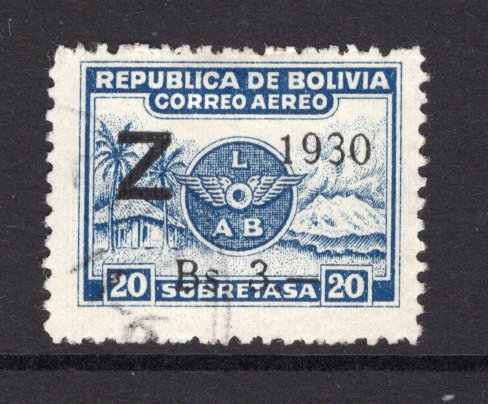 BOLIVIA - 1930 - ZEPPELIN: 3b on 20c blue 'Z 1930' ZEPPELIN overprint issue, a fine lightly used copy. (SG 242)  (BOL/39602)
