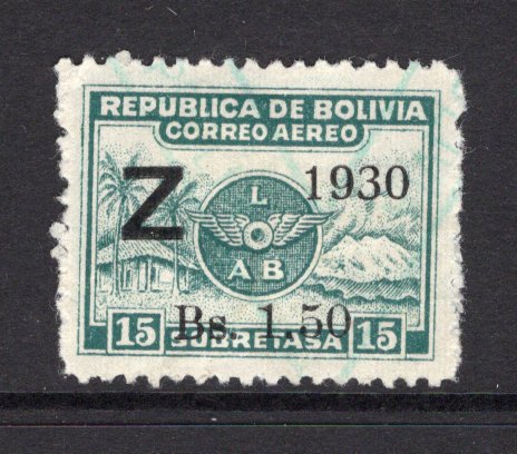 BOLIVIA - 1930 - ZEPPELIN: 1.50b on 15c green 'Z 1930' ZEPPELIN overprint issue, a fine lightly used copy. (SG 241)  (BOL/39603)