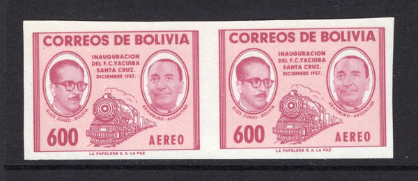 BOLIVIA - 1957 - VARIETY: 600b reddish purple & pink 'Inauguration of Yacuiba - Santa Cruz Railway' issue, a fine unmounted mint IMPERF PAIR. (SG 654a)  (BOL/39604)
