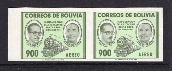 BOLIVIA - 1957 - VARIETY: 900b green & pale green 'Inauguration of Yacuiba - Santa Cruz Railway' issue, a fine unmounted mint IMPERF PAIR. (SG 656a)  (BOL/39605)
