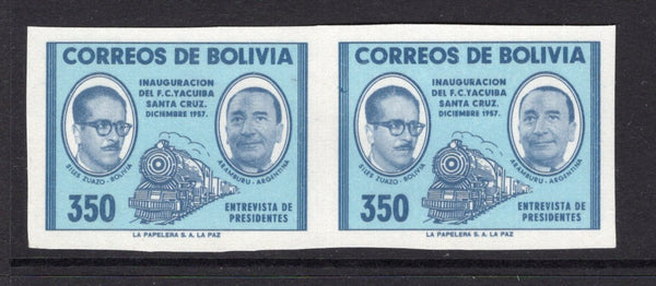 BOLIVIA - 1957 - VARIETY: 350b blue & pale blue 'Inauguration of Yacuiba - Santa Cruz Railway' issue, a fine mint IMPERF PAIR. (SG 652a)  (BOL/39606)