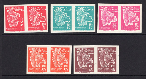 BOLIVIA - 1954 - VARIETY: 5b bright carmine red, 17b turquoise, 27b bright magenta, 30b red orange and 45b purple brown 'First Anniversary of Agrarian Reform' issue the complete set of IMPERF PAIRS fine unmounted mint. The 300b is not recorded with this variety. (SG 600a/604a)  (BOL/39608)