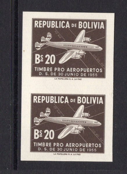 BOLIVIA - 1956 - VARIETY: 20b deep brown 'Airport Building Fund' TAX issue, a fine unmounted mint IMPERF PAIR. (SG 620ba)  (BOL/39611)