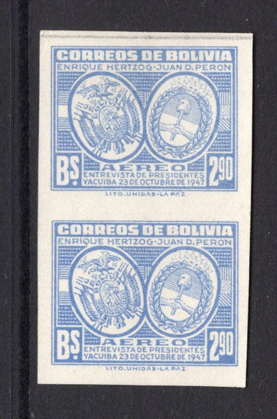 BOLIVIA - 1947 - VARIETY: 2.90b blue 'Meeting of the Presidents of Bolivia and Argentina' issue a fine mint IMPERF PAIR. (SG 468b)  (BOL/39612)