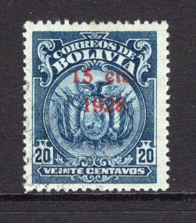 BOLIVIA - 1928 - SURCHARGES: 15c on 20c deep blue 'Perkins Bacon' printing a fine lightly used copy. (SG 211)  (BOL/39703)