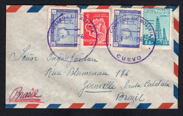BOLIVIA - 1956 - CANCELLATION: Airmail cover franked with 1954 5b bright carmine red, 1955 2 x 10b ultramarine & cobalt and 55b greenish blue & pale greenish blue (SG 600, 608 & 613) tied by two fine strikes of large CORREOS DE BOLIVIA CUEVO cds dated 14 AGO 1956. Addressed to BRAZIL with arrival cds on reverse.  (BOL/39757)