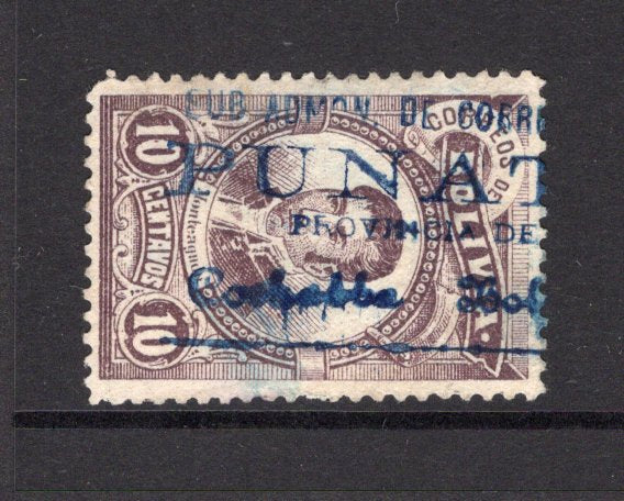 BOLIVIA - 1897 - CANCELLATION: 10c brownish purple 'Portrait' issue used with good strike of unframed four line SUB ADMON DE CORREOS PUNATA PROVINCE DE COCHABBA BOLIVIA cancel in blue. Small thin on reverse. (SG 80)  (BOL/39846)