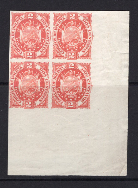 BOLIVIA - 1895 - ARMS ISSUE & PROOF: 2c orange red ARMS issue 'Etudes & Chassepot, Paris' printing a fine IMPERF PLATE PROOF corner marginal block of four on ungummed paper. (As SG 71)  (BOL/39924)