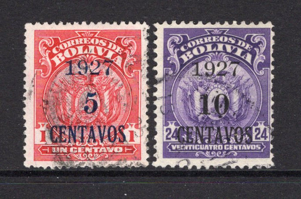 BOLIVIA - 1927 - PROVISIONAL ISSUE: 5c on 1c lake and 10c on 24c bright violet 'Arms' SURCHARGE issue, the pair fine lightly used. (SG 192/193)  (BOL/39953)
